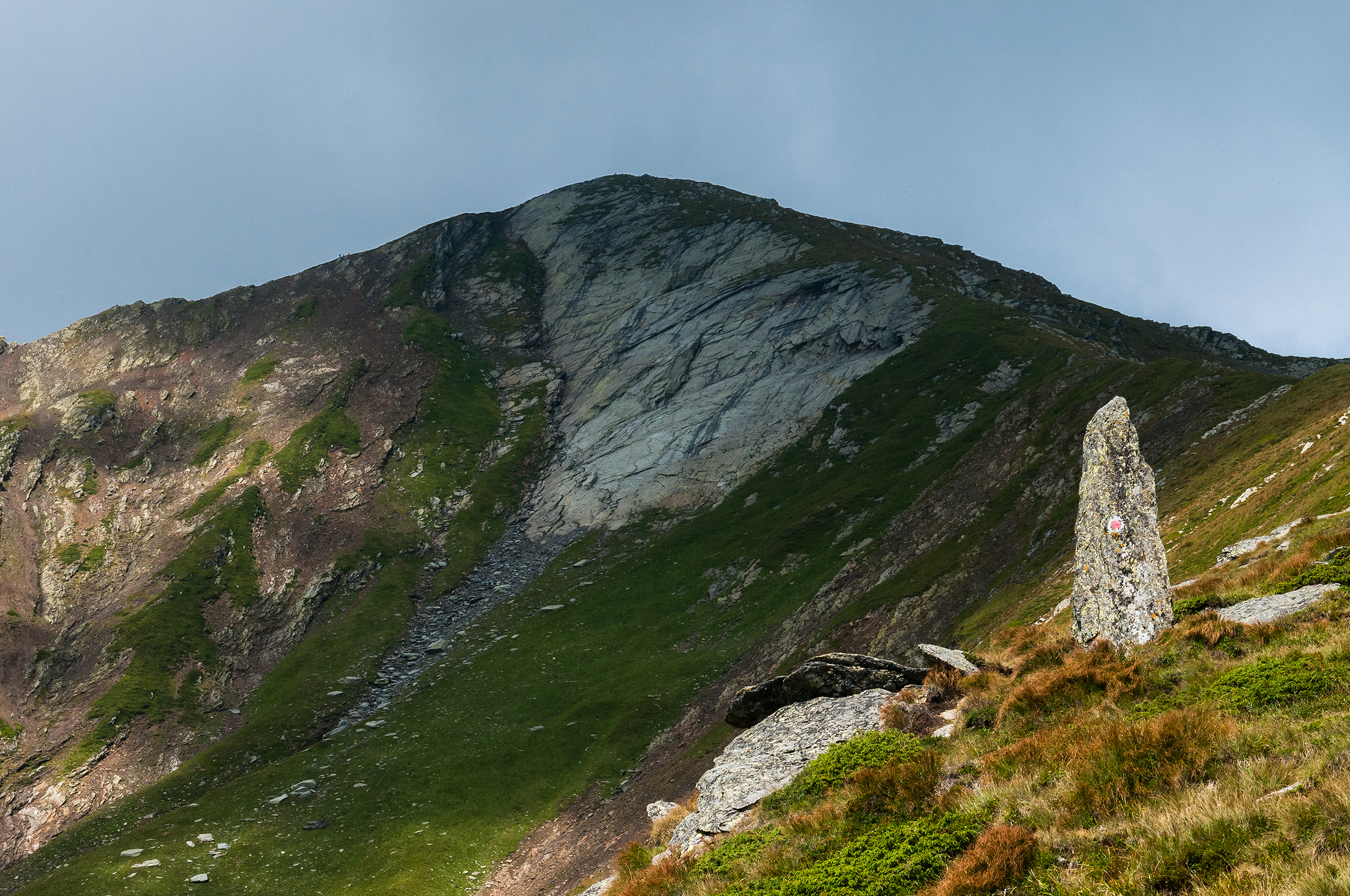  Un fel de ”ac al Cleopatrei” dar minuscul pe care se află aplicat marcajul punct roșu. În fundal Vf. Lespezi.