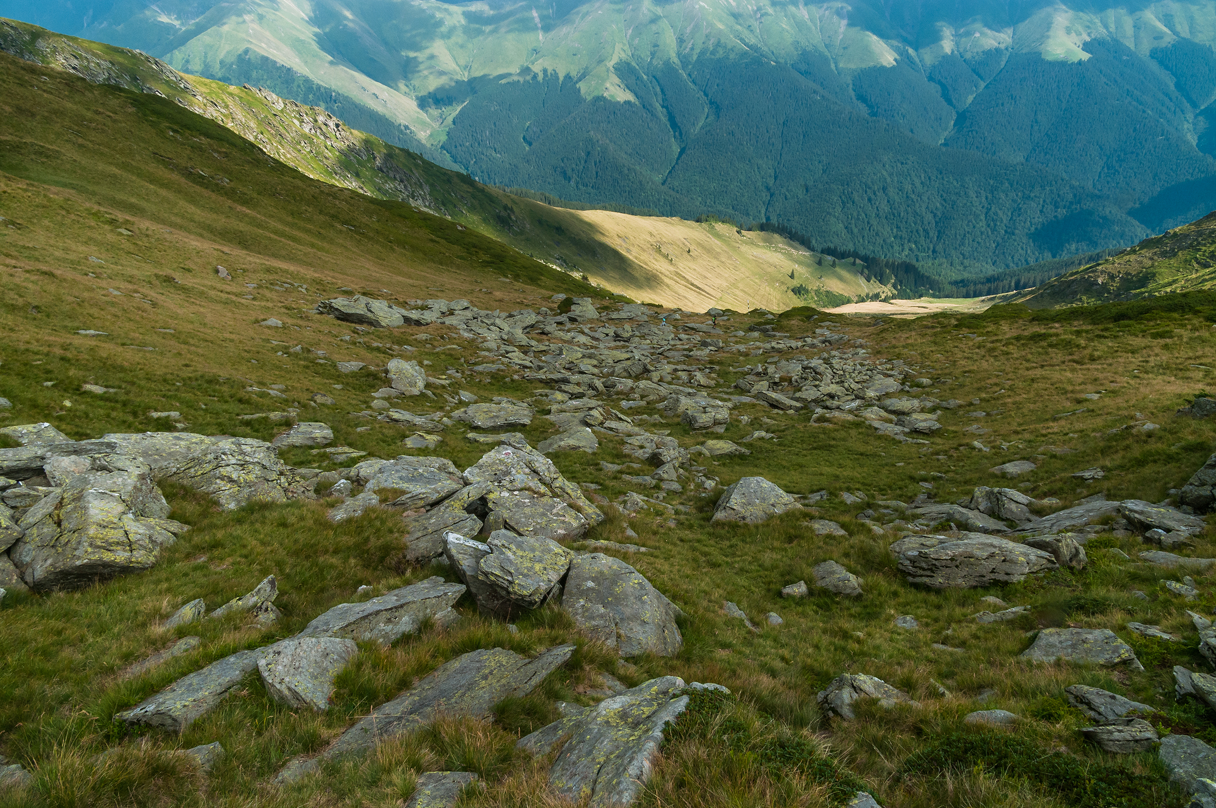  Fundul căldării este tapetat cu bolovani rămași aici ca merenă de fund a vechiului ghețar care a modelat relieful.